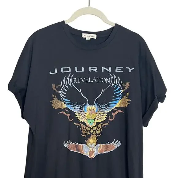 For Love Bell Journey Band Tee Dress L Black Graphic Side Slit Stretch - Picture 2 of 7